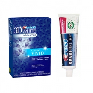 Отбеливающие полоски Vivid и зубная паста Crest Sensi Relief